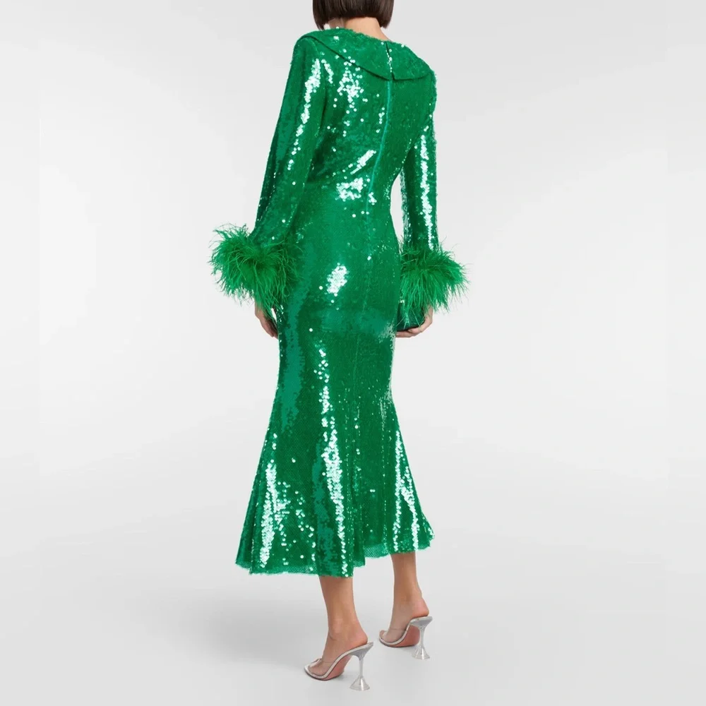 NWOT Self-Portrait Feather-Trimmed Sequined Midi Dress. Size  8 - Picture 5 of 16